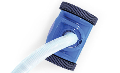 Aerial view of blue pool cleaner with large wheels and tube 