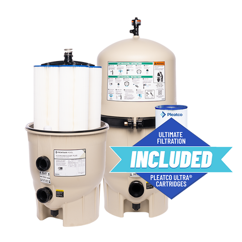 Clean and clear plus cartridges. Text: Ultimate Filtration Pleatco Ultra Cartridges Included. 