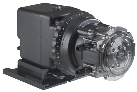 Stenner Pumps Classic 45 45m5 Single Head Adjustable Chemical Injection Pump; 3/8 Inch; 2.5 - 50 Gpd; Polycarbonate; 120 V-60 Hz; 0-25 PSI - Poolweb Image